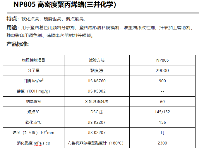 三井HI-WAX NP805高密度聚丙烯蠟（ PP蠟NP805）