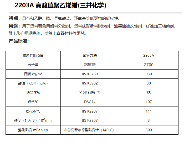 三井HI-WAX 2203A高酸值聚乙烯蠟（ PE蠟2203A）